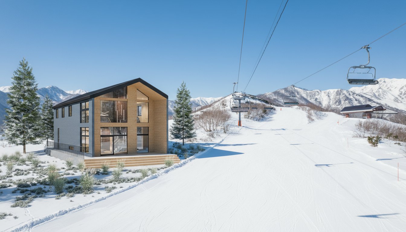 Modern wooden chalet beside the ski slope with chairlift views in Hakuba