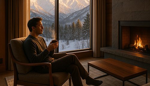 Relaxing mountain lifestyle with fireplace warmth and snowy forest views