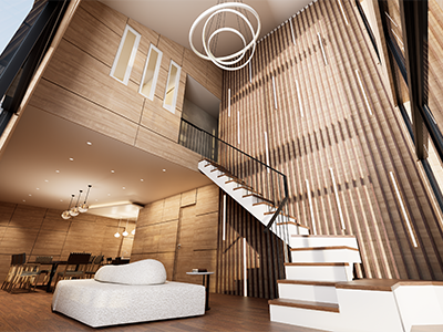 Warm wooden living area with staircase