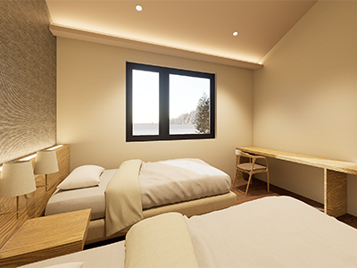 Comfortable twin bedroom with desk