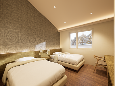 Cozy twin bedroom with snowy views