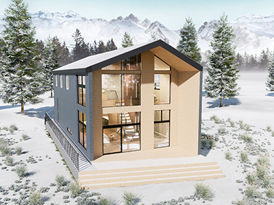 Modern ski villa exterior surrounded by snow