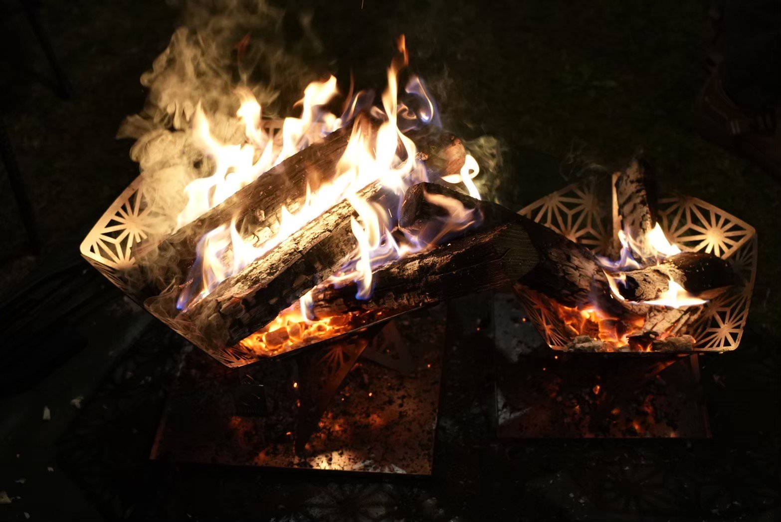 Burning firewood in a cozy fireplace