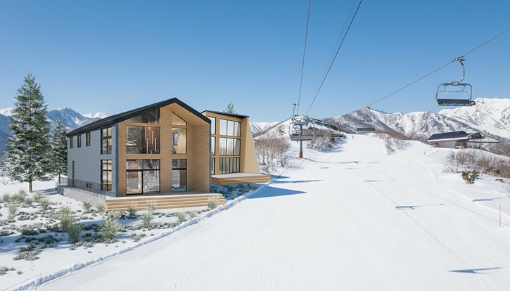 Exterior of a modern ski-in ski-out luxury villa in Hakuba, featuring timber architecture beside the ski slope and chairlift