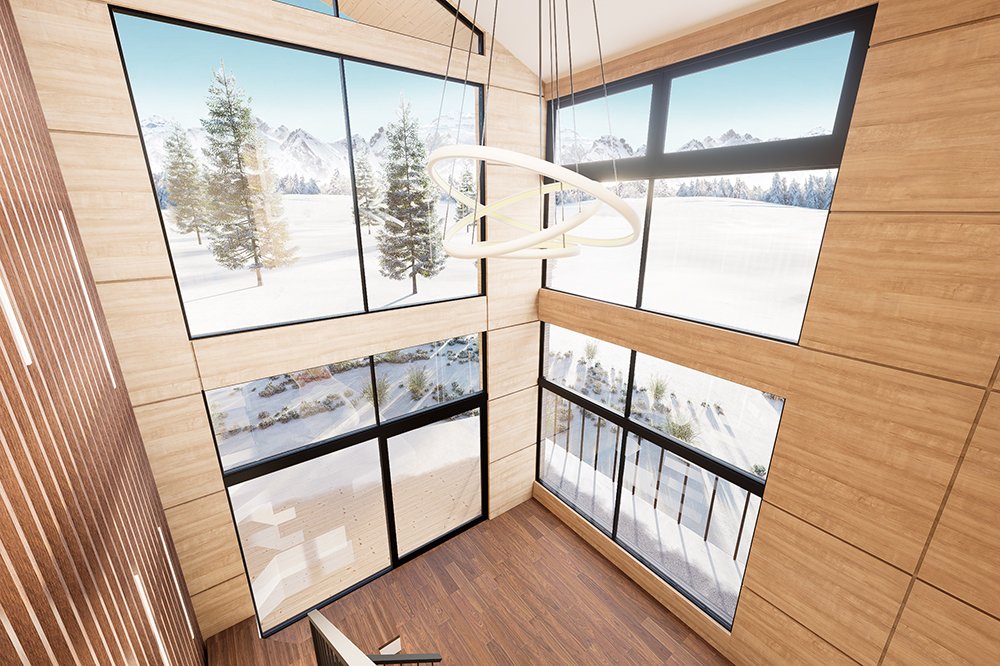 Double-height living space with floor-to-ceiling windows, offering panoramic snow and mountain views in Hakuba