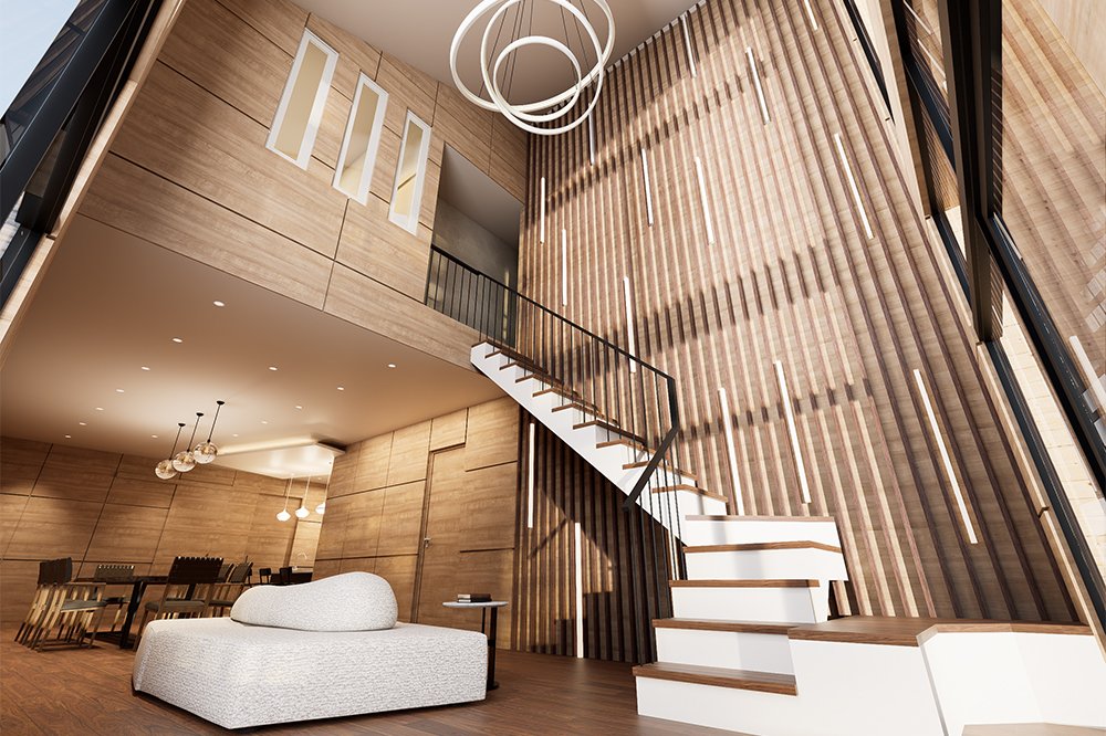 Modern Japanese-inspired living area with wooden finishes, open staircase, and warm ambient lighting