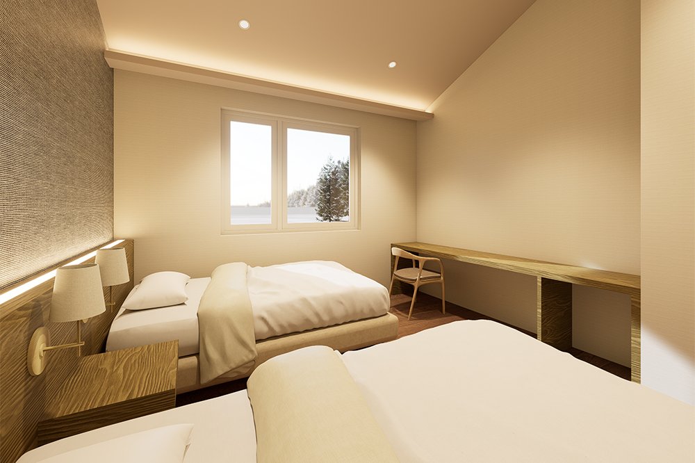 Minimalist twin bedroom with wooden furnishings and a window overlooking snowy scenery