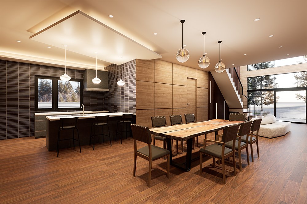 Spacious dining area with an open-plan kitchen, featuring a long dining table ideal for group gatherings