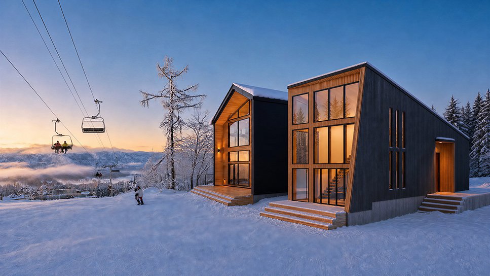 白馬雪場旁的滑進滑出豪華別墅外觀，現代木質建築設計，鄰近纜車與雪道